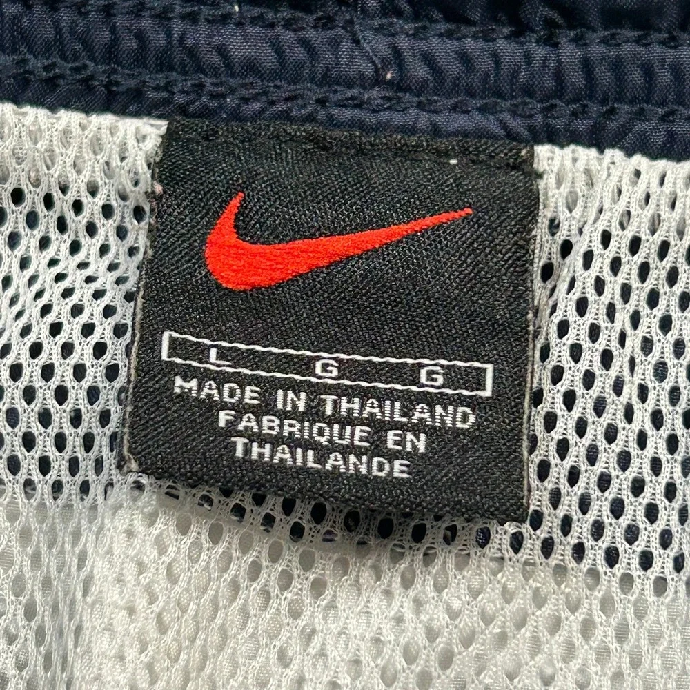 Nike Swim Trunks Shorts Large Navy Blue White Mesh Lined Block Logo Spellout